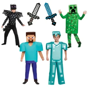 תחפושת Minecraft לילדים – סט קוספליי מלא עם שריון יהלום | Steve / Alex / Creeper | הלואין, ימי הולדת ומשחקי תפקידים