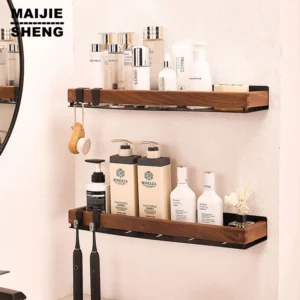 IGAME מדף אחסון פינתי למטבח ולחדר רחצה | עיצוב עץ שחור | התקנת ברגים | מדף קיר למקלחת | ארגון איפור ואחסון רב־שימושי לבית